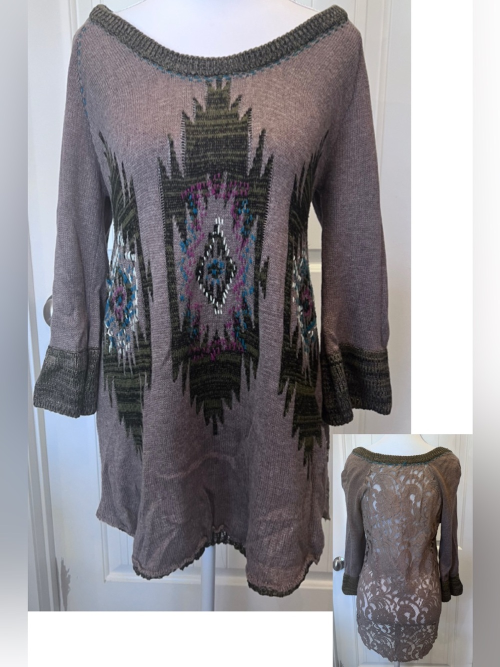 BKE Lace Back Southwest Aztec Boho Coastal Sweater Sz Medium Cotton Rayon